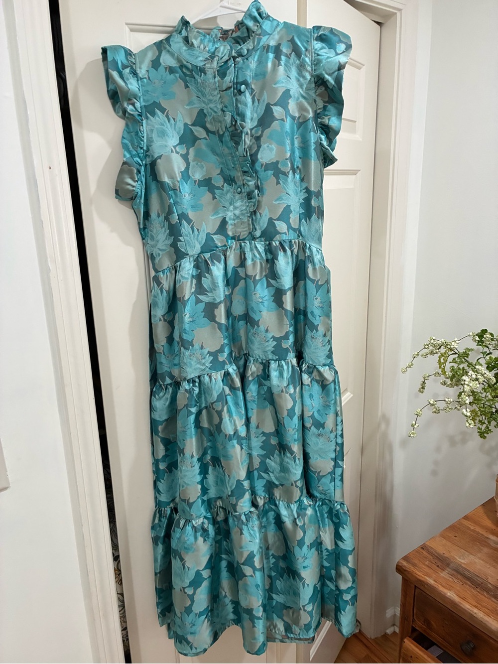 Teal Floral Ruffle Tiered Midi Dress